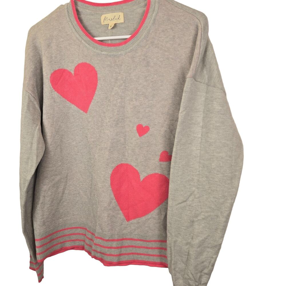 Marled HEARTS Crewneck Sweater Women's M Grey Pink Pullover Stretch COQUETTE